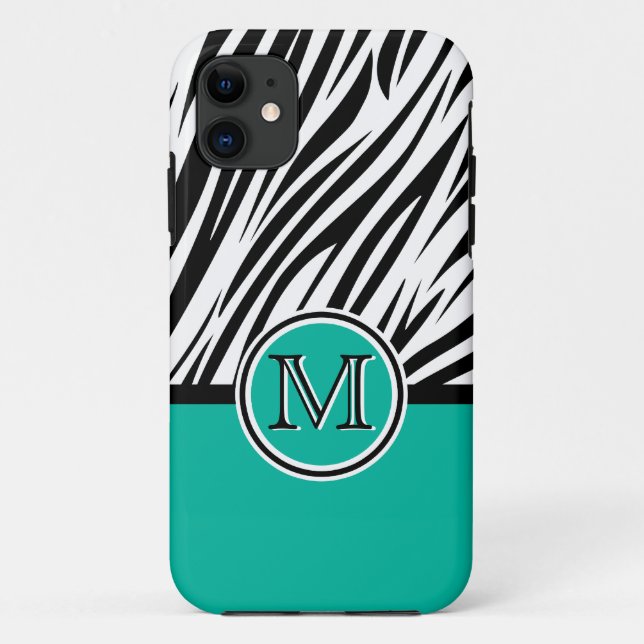 Funda De Case-Mate Para iPhone Patrón de monograma de cebra azul turquesa (Reverso)