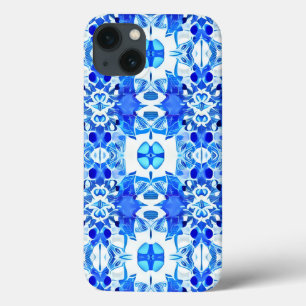 Funda Para iPhone 13 Patrón de mosaico azul cobalto y blanco