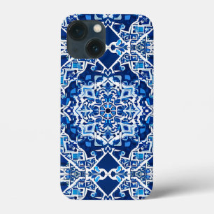 Funda Para iPhone 13 Mini Patrón de mosaico en azul índigo y cobalto