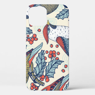 Funda Para iPhone 12 Patrón de Navidades de Waxwings Holly