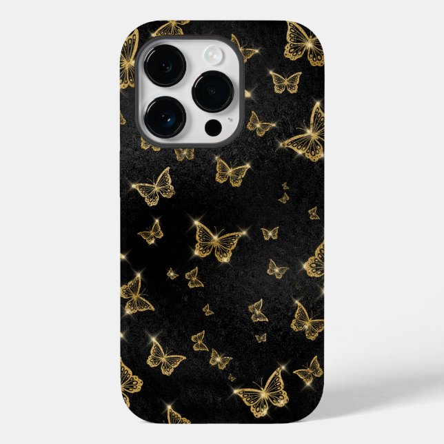Funda De Case-Mate Para iPhone Patrón de oro y mariposas negras de vidrio (Reverso )
