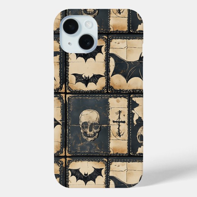 Funda De Case-Mate Para iPhone Patrón de parches de Halloween en mezclilla rústic (Reverso )