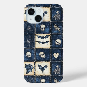 Funda Para iPhone 15 Patrón de parches de mezclilla de Halloween gótico