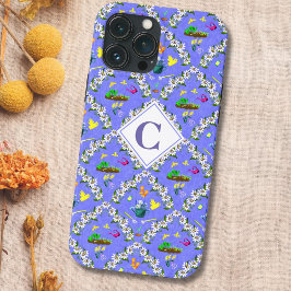 Funda Para iPhone 13 Pro Max Patrón de Pasionaria Azul de Jardinería con Monogr