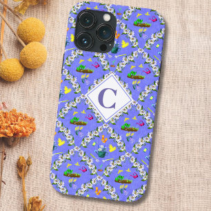 Funda Para iPhone 13 Pro Max Patrón de Pasionaria Azul de Jardinería con Monogr