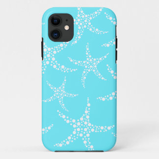 Funda Para iPhone 11 Patrón de pez estrella en color turquesa y blanco.