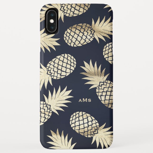 Funda De Case-Mate Para iPhone Patrón de piñas tropicales doradas Monograma azul (Reverso)