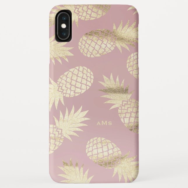 Funda De Case-Mate Para iPhone Patrón de piñas tropicales doradas Monograma rosa (Reverso)