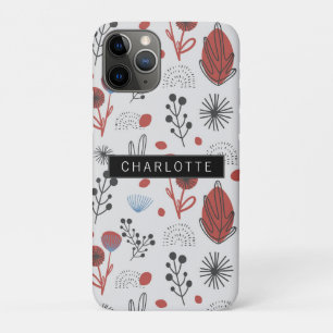 Funda Para iPhone 11 Pro Patrón de planta de flores grises rojas personaliz