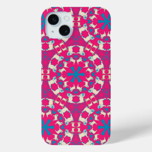 Funda Para iPhone 15 Mini Patrón de Pug rojo coral moderno