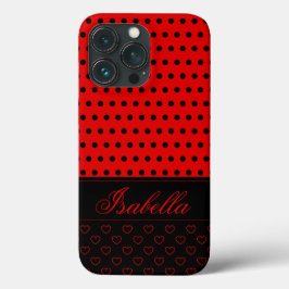 Funda Para iPhone 13 Pro Patrón De Punto De Polka Negro Y Rojo, Nombre Pers