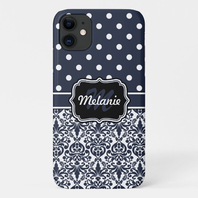 Funda De Case-Mate Para iPhone Patrón de puntos de Polka azul oscuro monogramado  (Reverso)