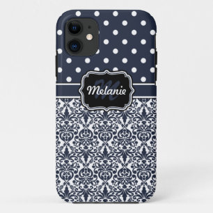 title_seo2 Patrón de puntos de Polka azul oscuro monogramado 