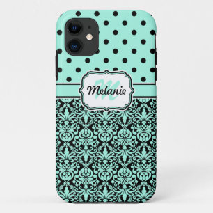 Funda Para iPhone 11 Patrón de puntos de Polka de Damasco Monogramado T