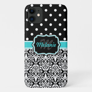 Funda Para iPhone 11 Patrón de puntos de Polka de Damask Monogramado Az