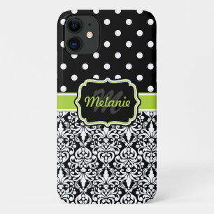 Funda Para iPhone 11 Patrón de puntos de Polka de Damask Monogramado Ve