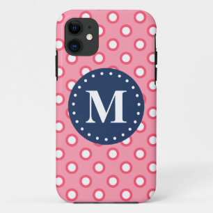 Funda Para iPhone 11 Patrón de puntos rosados de polka monograma azul