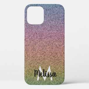 Funda Para iPhone 12 Patrón de purpurina falsa de arcoíris con inicial 