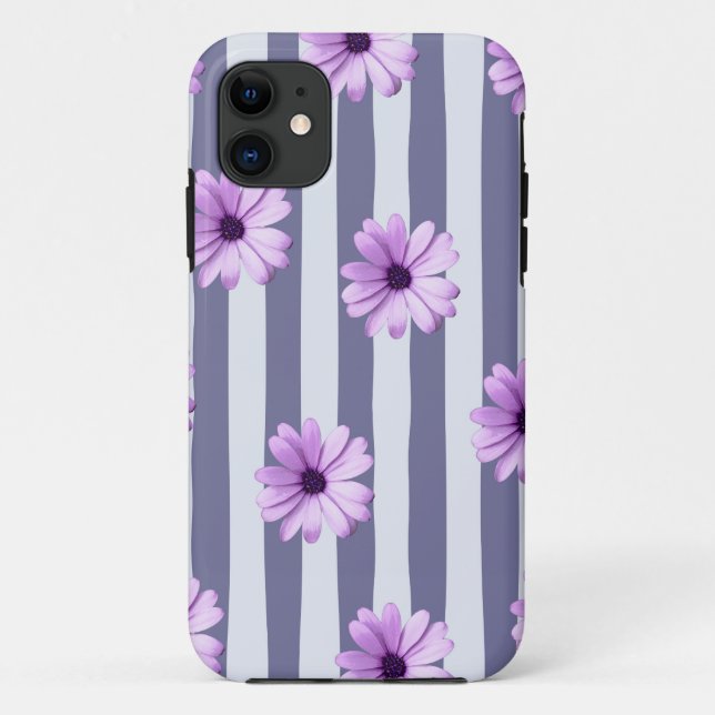 Funda De Case-Mate Para iPhone patrón de rayas con margaritas moradas (Reverso)