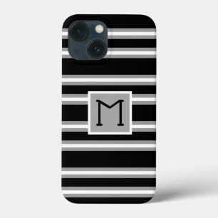Funda Para iPhone 13 Mini Patrón de rayas con monograma moderno negro gris b