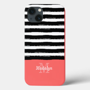 Funda Para iPhone 13 Patrón de rayas de pintura negra con Ca monograma 