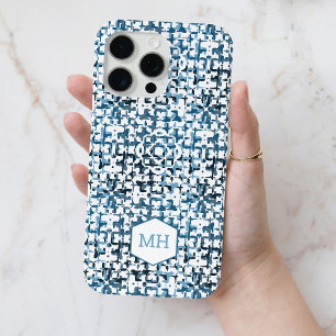 Funda Para iPhone 15 Pro Max Patrón de resumen azul monogramado personalizado