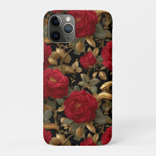 Funda Para iPhone 11 Pro Patrón de Rosas Rojas y Serpientes Doradas