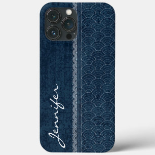 Funda Para iPhone 13 Pro Max Patrón de Sashiko Índigo Nombre de Bordado Japonés