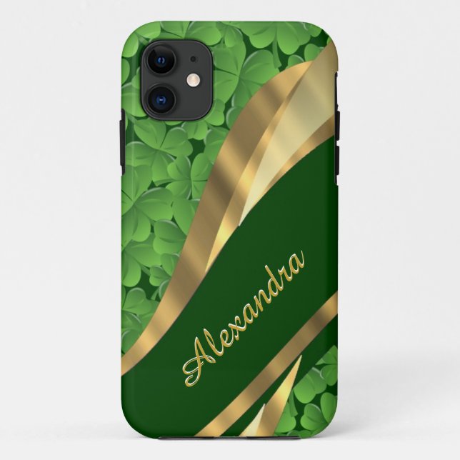 Funda De Case-Mate Para iPhone Patrón de shamrock verde irlandés personalizado (Reverso)
