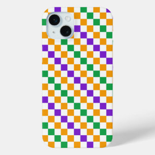 Funda Para iPhone 15 Mini patrón de tablero de ajedrez diagonal de Mardi gra