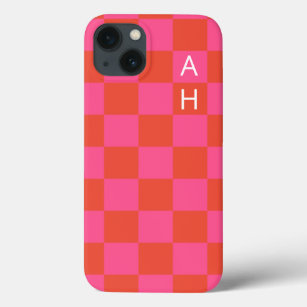 Funda Para iPhone 13 Patrón de tablero de Naranja y rosa monogramado 