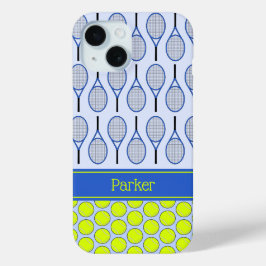 Funda Para iPhone 15 Patrón de tenis nombre personalizado azul