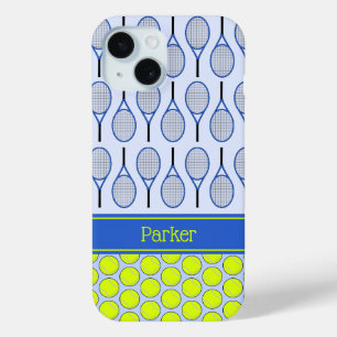 Funda Para iPhone 15 Patrón de tenis nombre personalizado azul