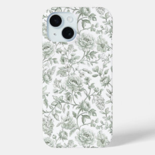 Funda Para iPhone 15 Patrón de Toile Vintage Floral Verde Salvia