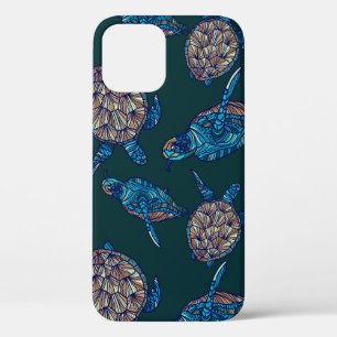 Funda Para iPhone 12 Patrón de tortuga sin soldadura sobre fondo oscuro