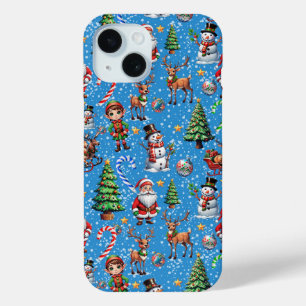 Funda Para iPhone 15 Patrón decorativo de Navidad con fondo azul