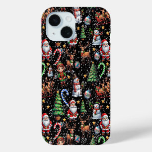 Funda Para iPhone 15 Patrón decorativo de Navidad con fondo negro