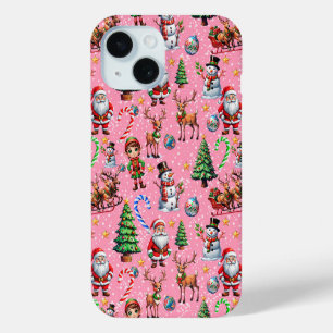 Funda Para iPhone 15 Patrón decorativo de Navidad con fondo rosa
