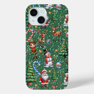 Funda Para iPhone 15 Patrón decorativo de Navidad con fondo verde