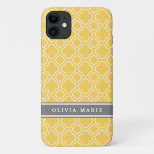 Funda Para iPhone 11 Patrón elegante de cuatrefoil amarillo con nombre