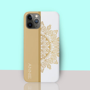 Funda Para iPhone 11 Pro Patrón elegante de Mandala dorada con nombre blanc