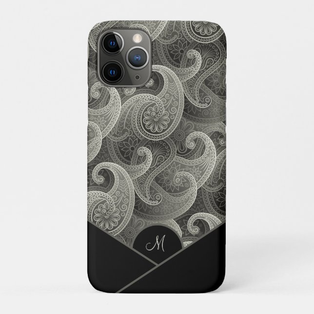 Funda De Case-Mate Para iPhone Patrón elegante de paisley gris con monograma (Reverso)