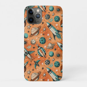 Funda Para iPhone 11 Pro Patrón espacial de cohete retro terracota teal