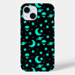 Funda Para iPhone 15 Patrón extraño turquesa con estrellas y lunas