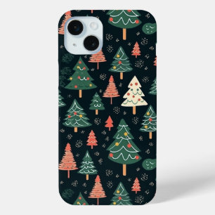 Funda Para iPhone 15 Mini Patrón festivo de árbol de Navidad verde y coral