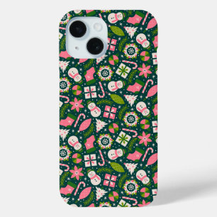 Funda Para iPhone 15 Patrón festivo de Navidad de invierno en verde 