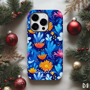 Funda Para iPhone 14 Pro De Case-Mate Patrón Floral Azul Intenso con Cita del Nombre
