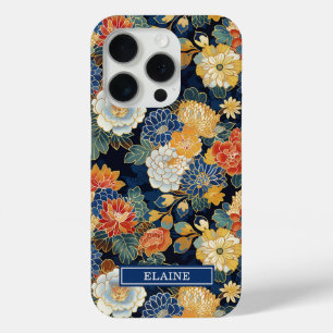 Funda Para iPhone 15 Pro Patrón Floral Azul Japonés Monogramado