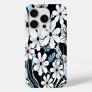 Funda Para iPhone 15 Pro Patrón floral azul retro negro y blanco
