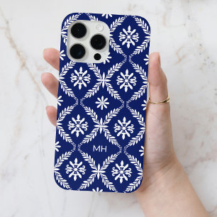 Funda Para iPhone 15 Pro Max Patrón floral azul y blanco monogramado elegante